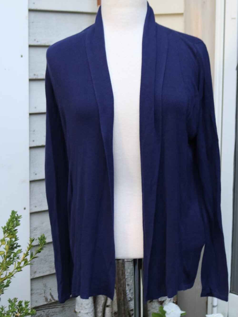 Cyrus Blue Open Shawl Collar Lightweight Knit Viscose Classic Cardigan Sweater